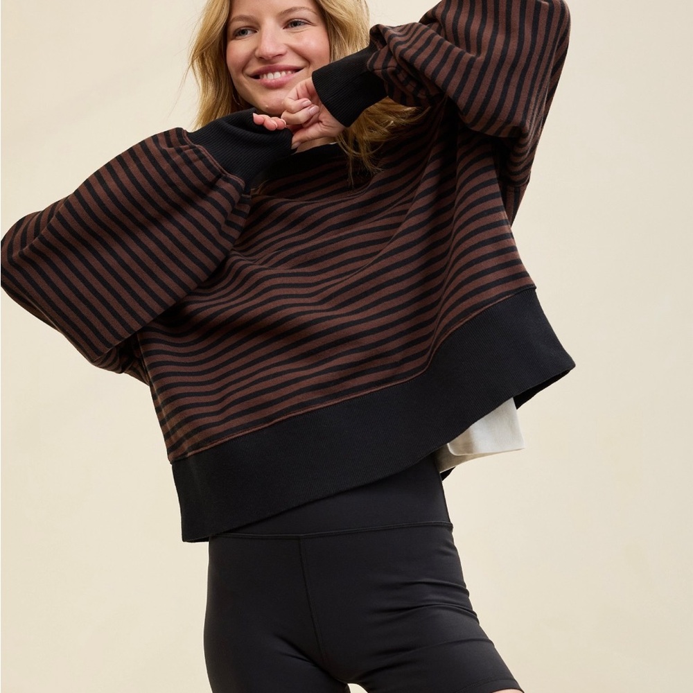 Aerie Classic Crew Brown and Black Striped Sweatshirt M
